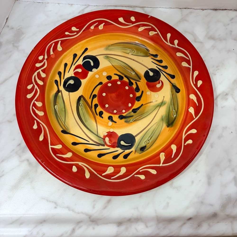 Pier 1 Imports Olive Salad Plate Hand Painted Ceramic‎ Spain Red Yellow 8.5 Inch